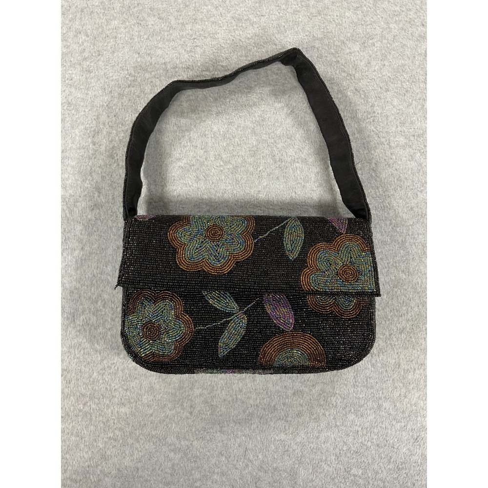 Y&S Beaded Floral Shoulder Bag Womens Small Black Excellent Vintage Evening Bag